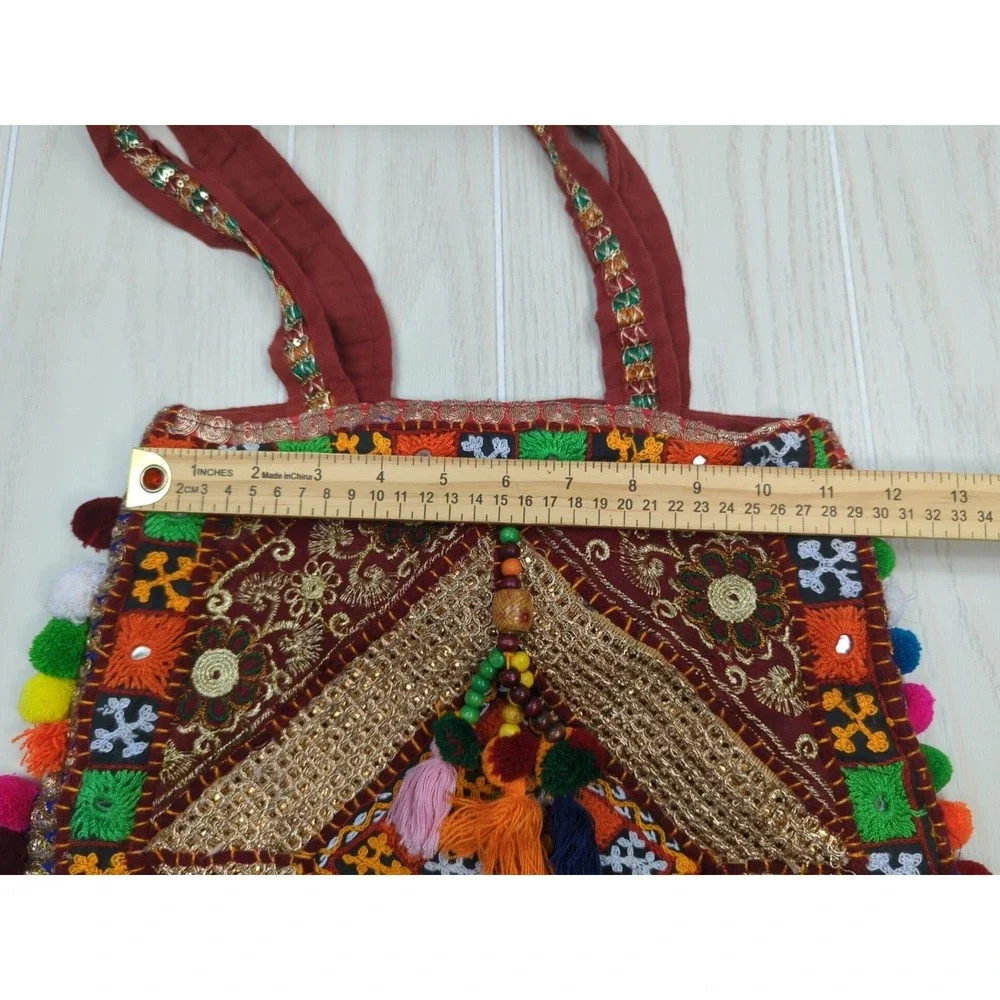 Handcrafted Made India fabric mirrored stitched hobo hippie bag purse pom poms